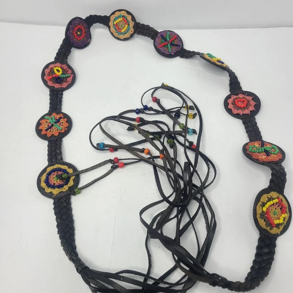 Chico's‎ Luquillo Tie Belt Bohemian leather Beaded Hippie Boho Southwest M/L